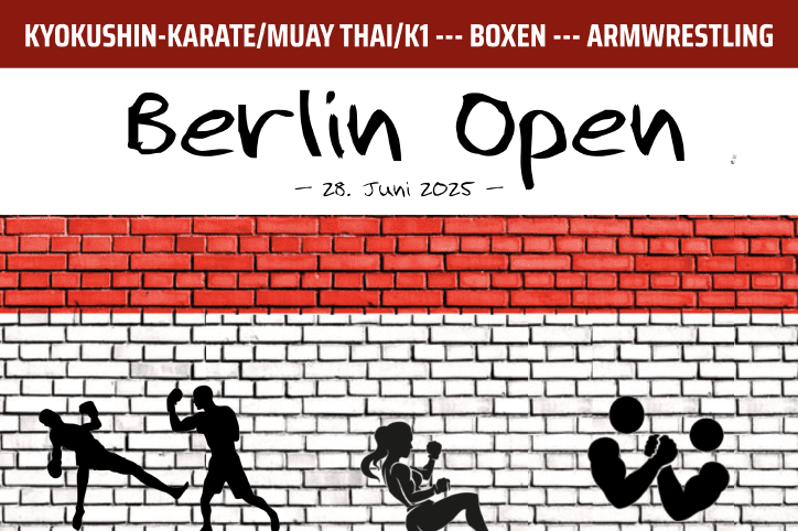 Plakat in schwarz-wei&szlig;-rotem Design, das Werbung f&uuml;r das Kampfsportturnier Berlin-Open macht. Mit allen wichtigen Informationen f&uuml;r Teilnehmende und Zuschauende.