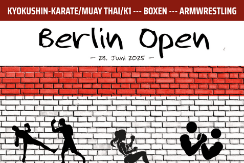 Berlin Open Kampfsportturnier Plakat in schwarz-weiß-rotem Design, das Werbung für das Kampfsportturnier Berlin-Open macht. Mit allen wichtigen Informationen für Teilnehmende und Zuschauende.