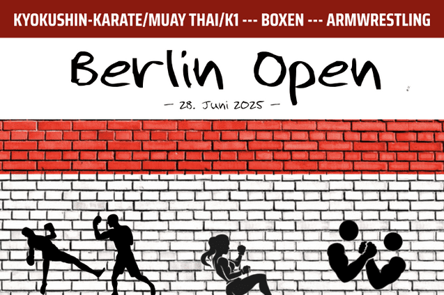 Plakat in schwarz-weiß-rotem Design, das Werbung für das Kampfsportturnier Berlin-Open macht. Mit allen wichtigen Informationen für Teilnehmende und Zuschauende.