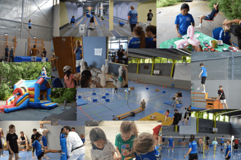 Collage Kinderfest 2025 Eine Foto-Collage von Schnappschüssen des Kinderfestes 2025. Kinder beim Schminken, Basteln, auf der Hüpfburg und an den verschiedenen Stationen vom Stationenlauf wie Handball, Turnen, Kegeln oder Badminton.