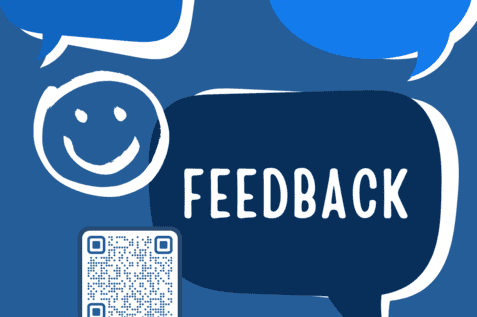 Mitgliederumfrage Plakat für die Mitgliederumfrage, mit qr-Code, Smilye und "Feedback"-Sprechblase