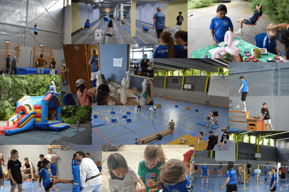 Collage Kinderfest 2025 Eine Foto-Collage von Schnappschüssen des Kinderfestes 2025. Kinder beim Schminken, Basteln, auf der Hüpfburg und an den verschiedenen Stationen vom Stationenlauf wie Handball, Turnen, Kegeln oder Badminton.