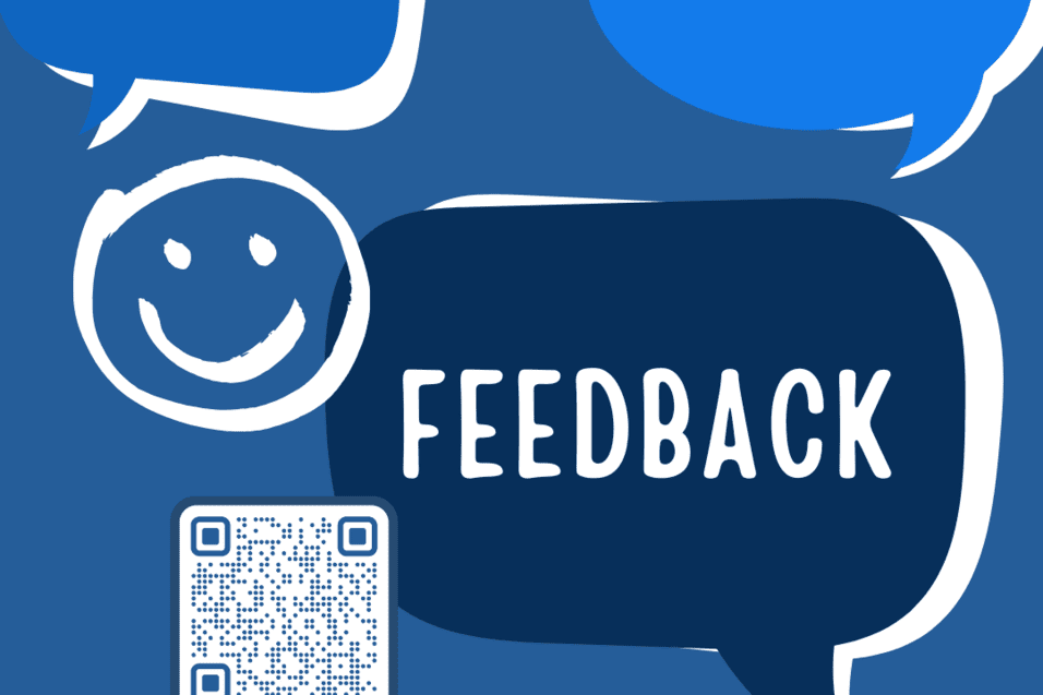 Mitgliederumfrage Plakat für die Mitgliederumfrage, mit qr-Code, Smilye und "Feedback"-Sprechblase