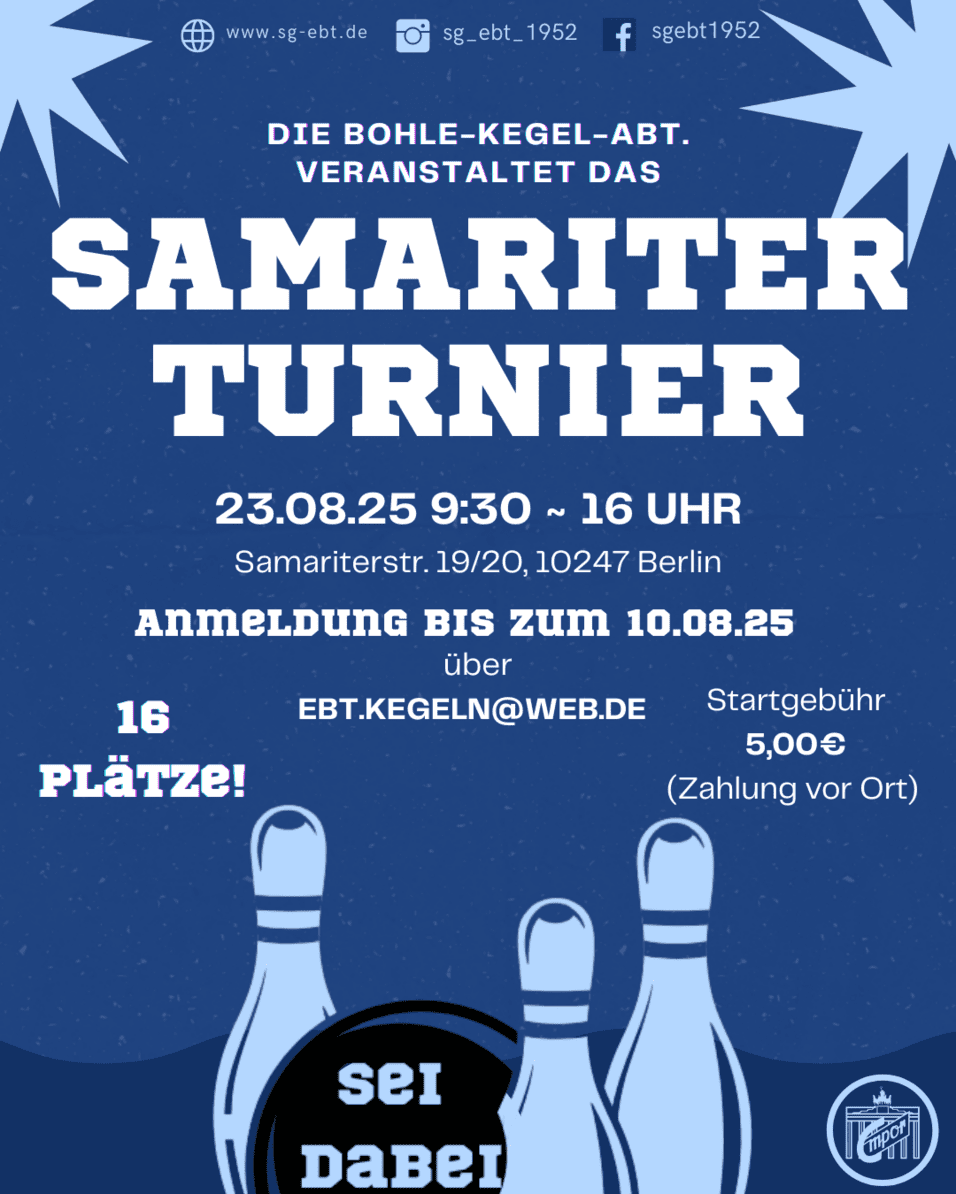 ein Ankündigungsplakat für das Samariterturnier der Bohle-Kegel-Abteilung mit allen wichtigen Informationen, die es auch im Info-Text zu dieser News gibt.