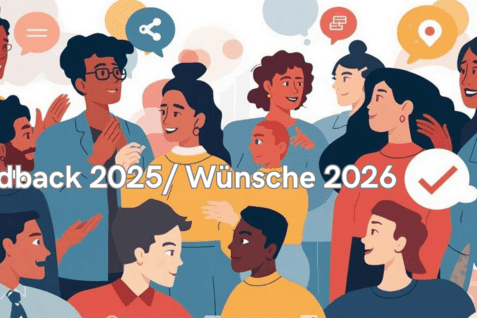 Mehrere Menschen reden angeregt miteinander. Auf der Grafik f&uuml;r die Umfrage steht Feedback 2025 und W&uuml;nsche 2026